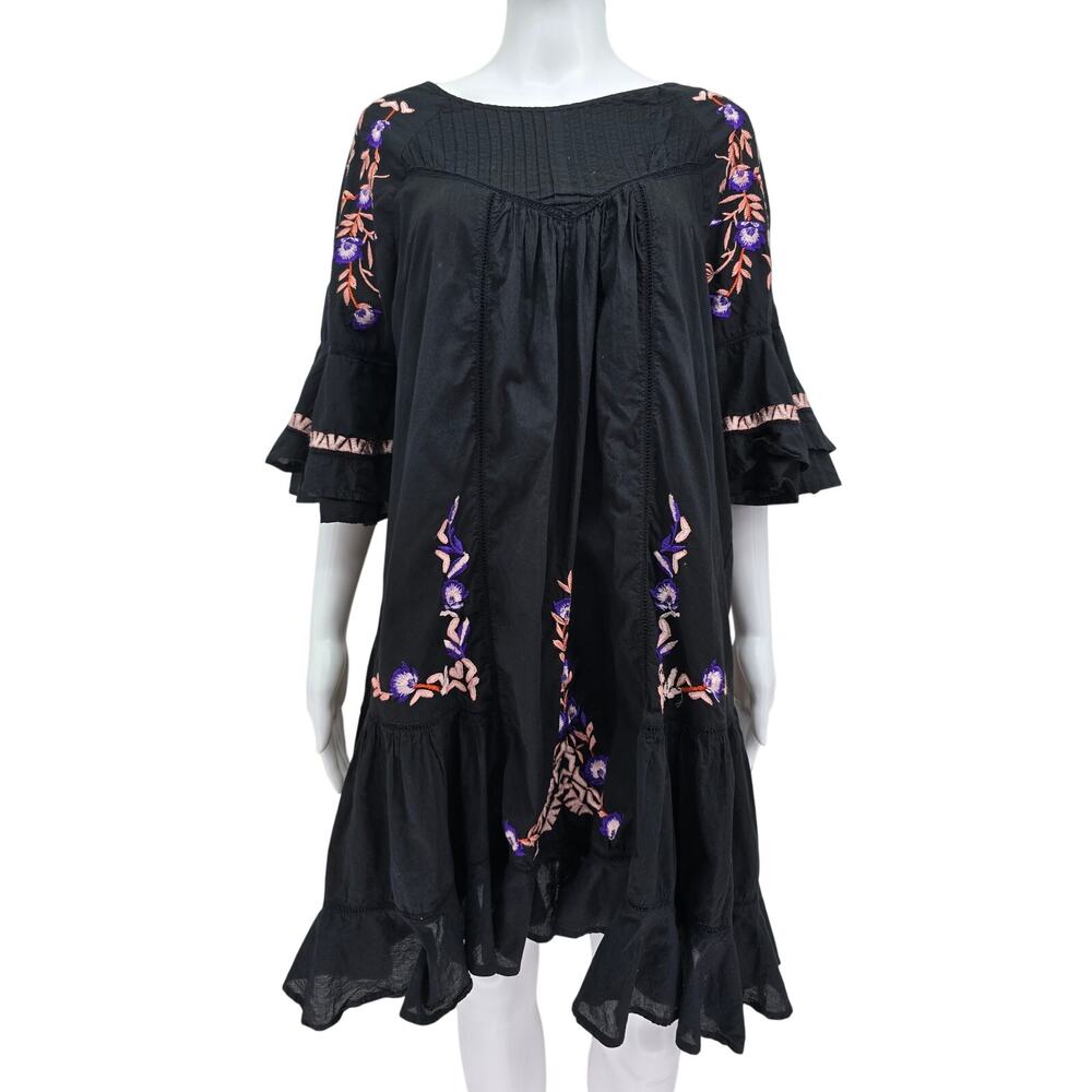 Free People Pavlo Embroidered Mini Dress Black S